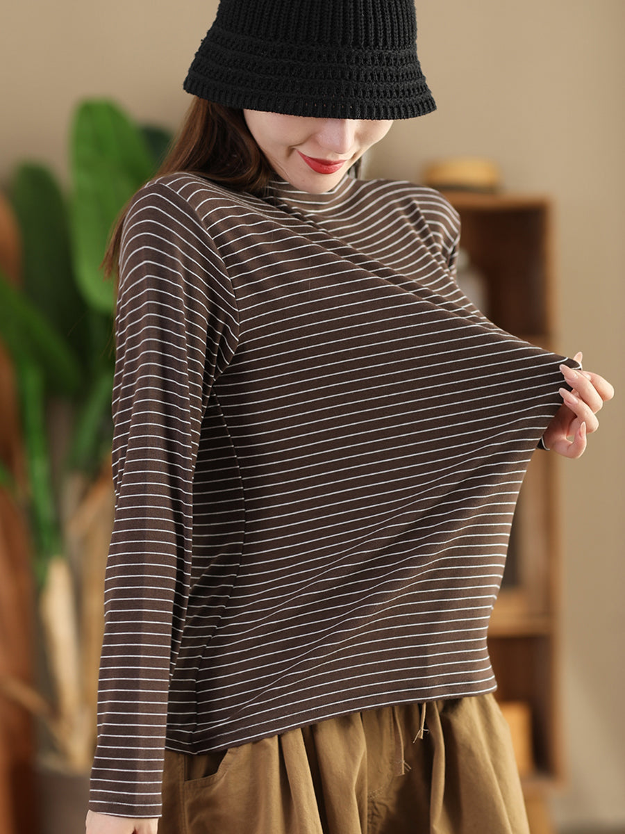 Women Autumn Casual Stripe Half Turtleneck Blouse AI1064