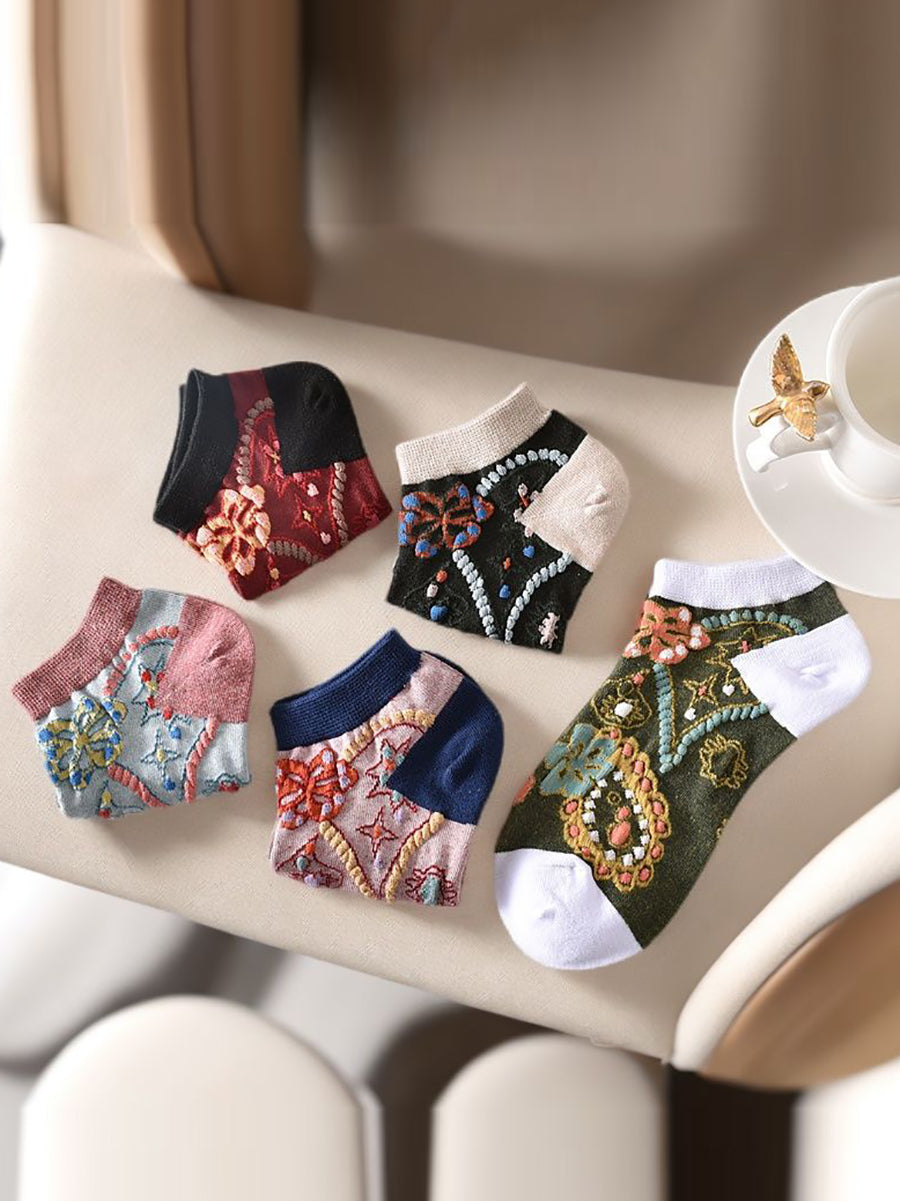 5 Pairs Women Summer Flower Jacquard Short Socks CO1040