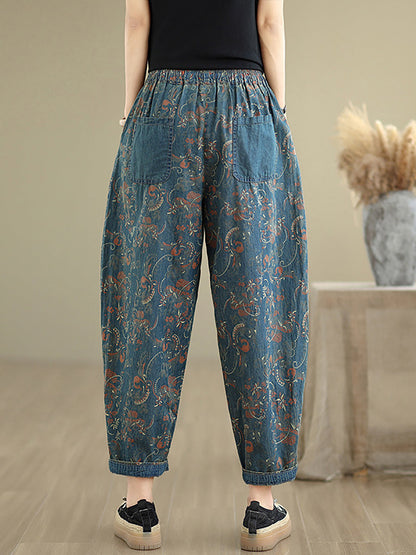 Denim Patchwork Pants Harem Women Retro Flower