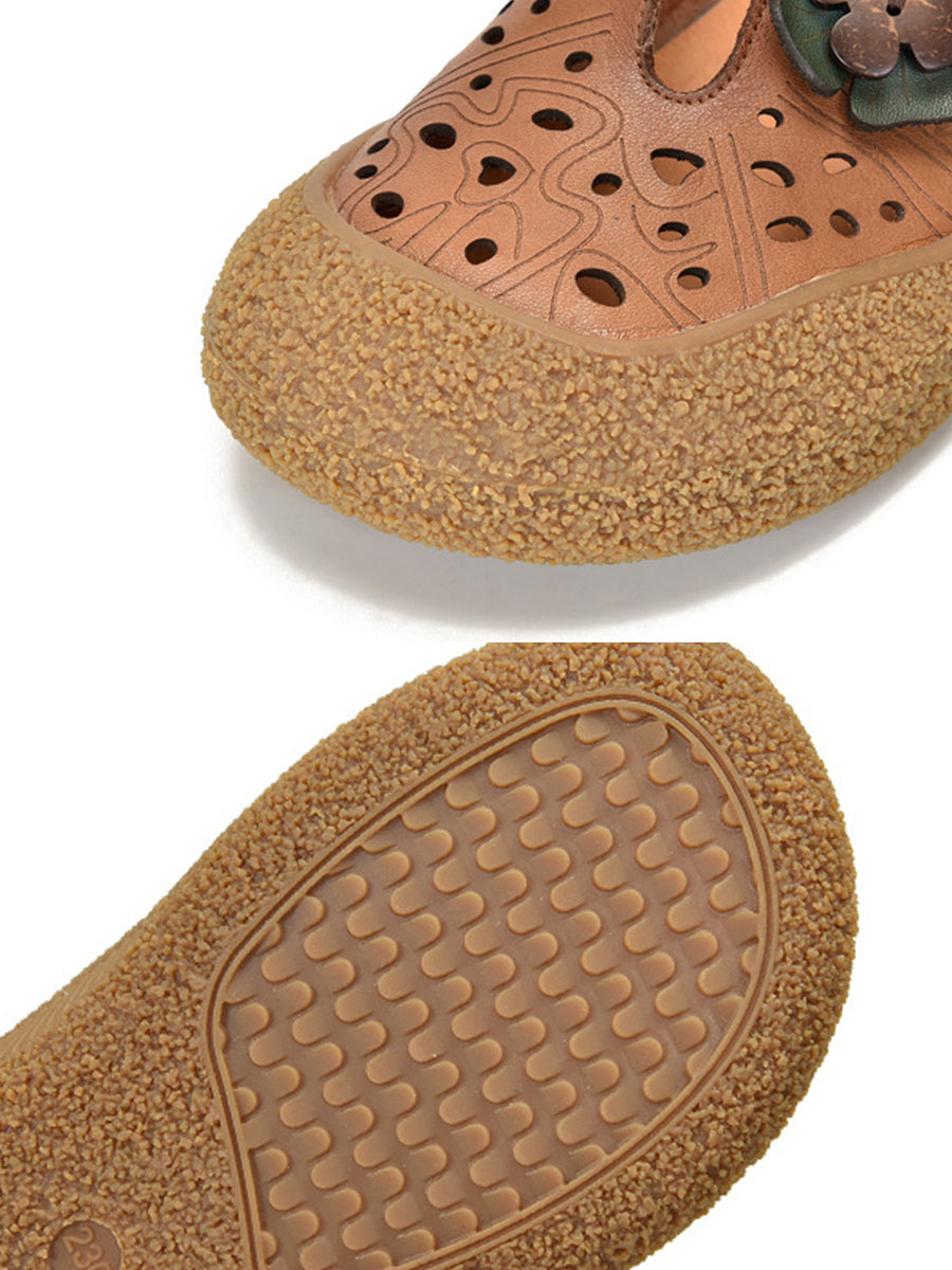 Leather Fashion Shoes Hollow Women Out Flower Flat