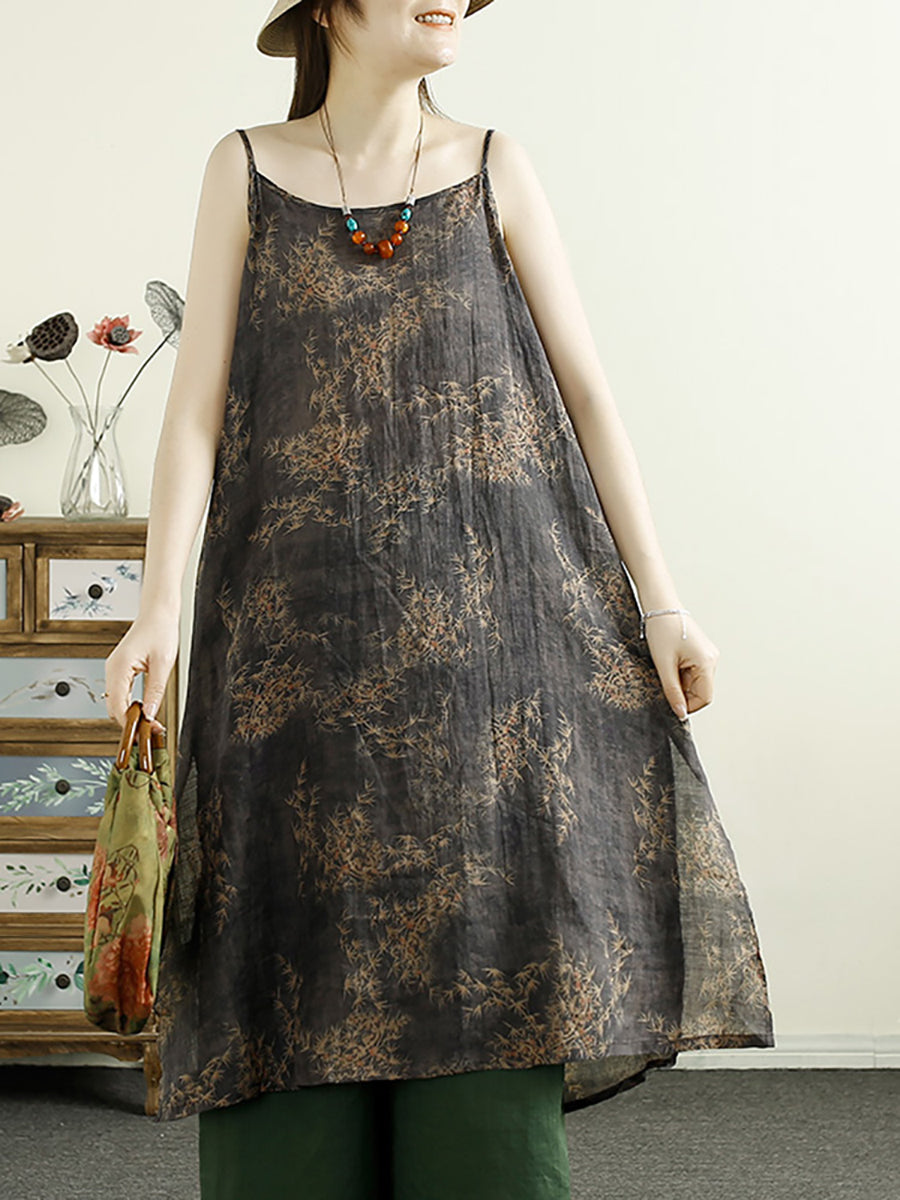 Women Summer Vintage Flower Ramie Vest Dress ZZ1045