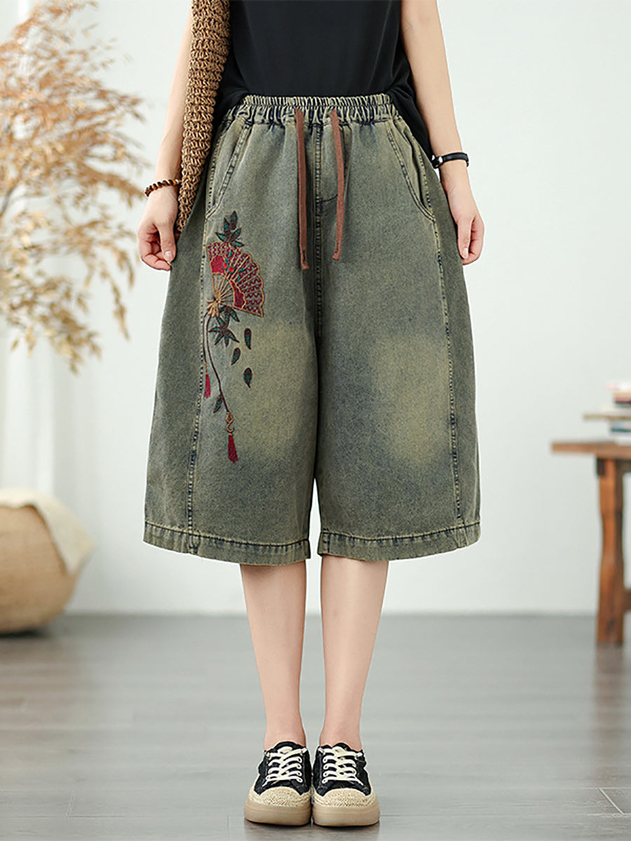 Straight Embroidery Women Denim Fifth Pants Flower Retro