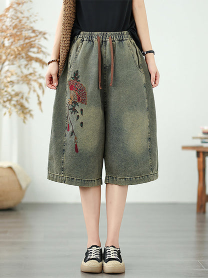 Straight Embroidery Women Denim Fifth Pants Flower Retro