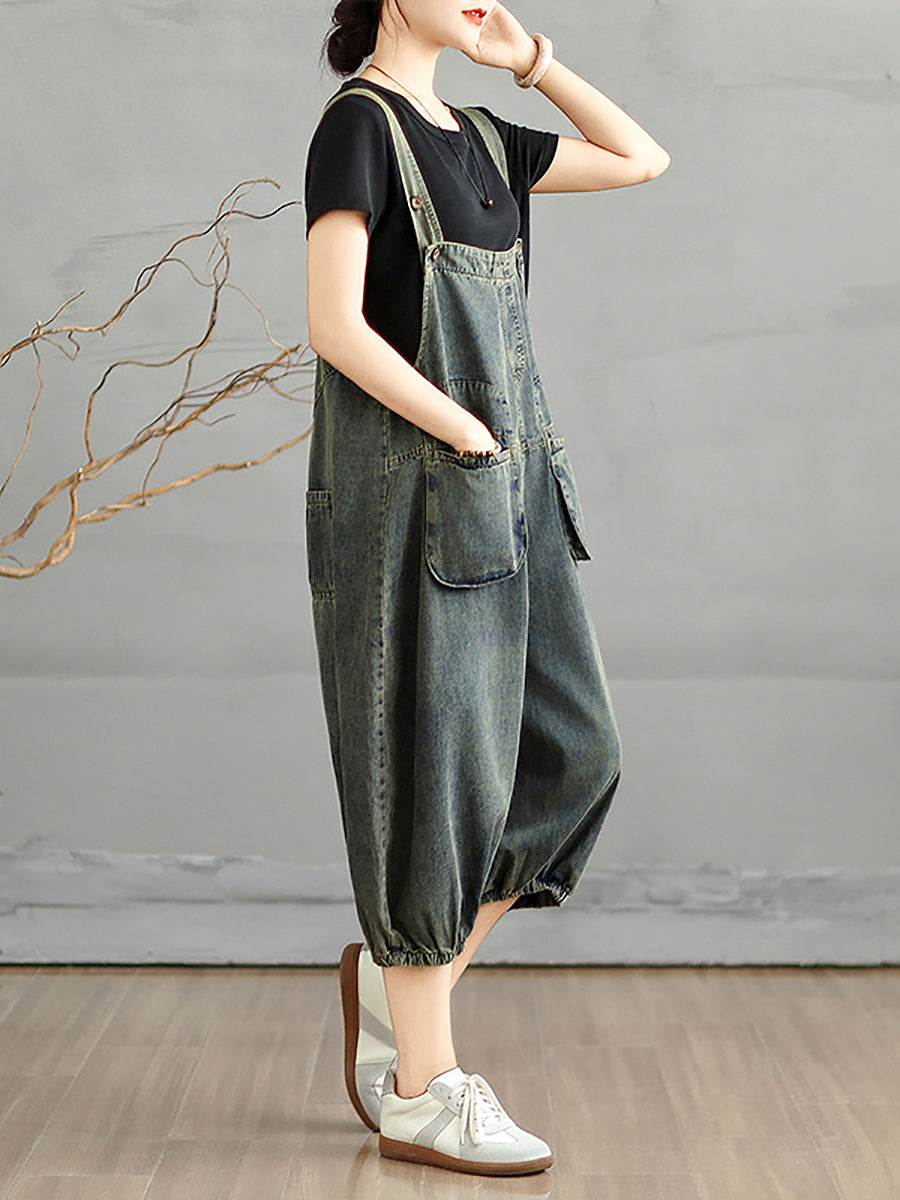 Jumpsuits Women Cropped Denim Pure Color Worn Summer