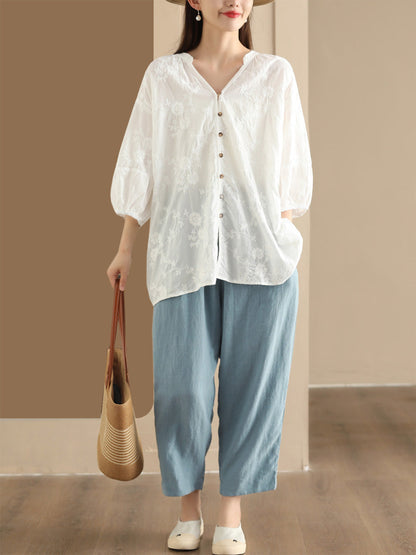 Women Summer Artsy Flower Jacquard Thin Button Cotton Shirt CX037