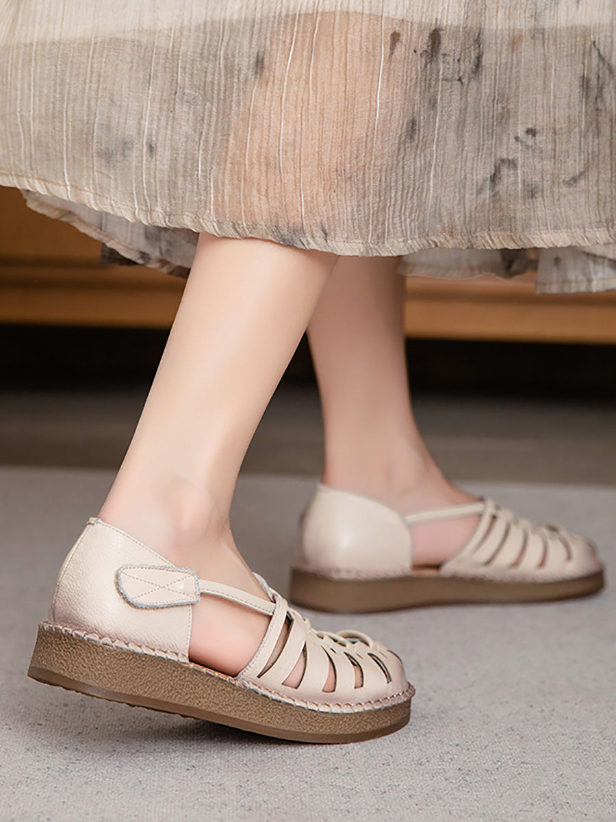 Leather Sandals Heel Low Women Weave Summer