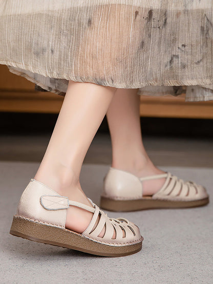 Leather Sandals Heel Low Women Weave Summer