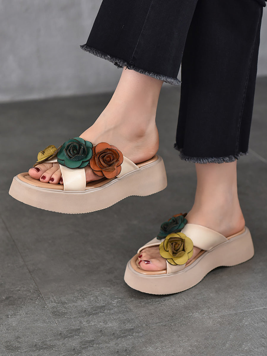 Women Summer Platform Spliced Flower Leather Slippers
