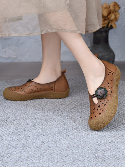 Leather Fashion Shoes Hollow Women Out Flower Flat