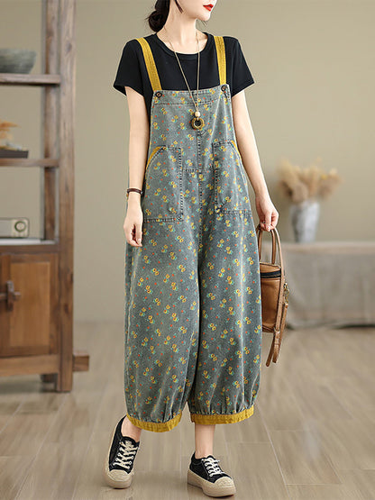 Women Casual Denim Jumpsuits Floral Wide-leg Summer