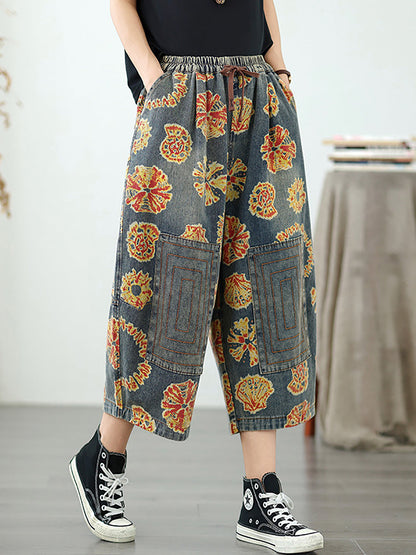 Women Straight Pants Retro Capri Flower Denim