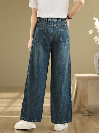 Pants Embroidery Women Wide-leg Retro Denim