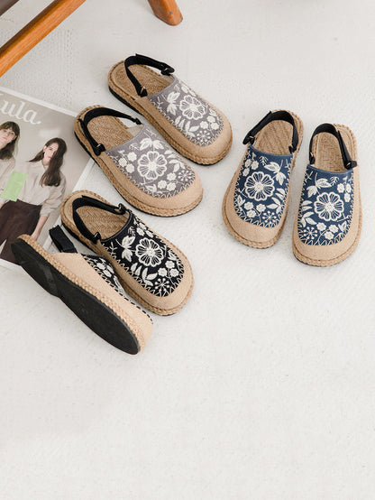 Women Sandals Linen Embroidery Ethnic Flower