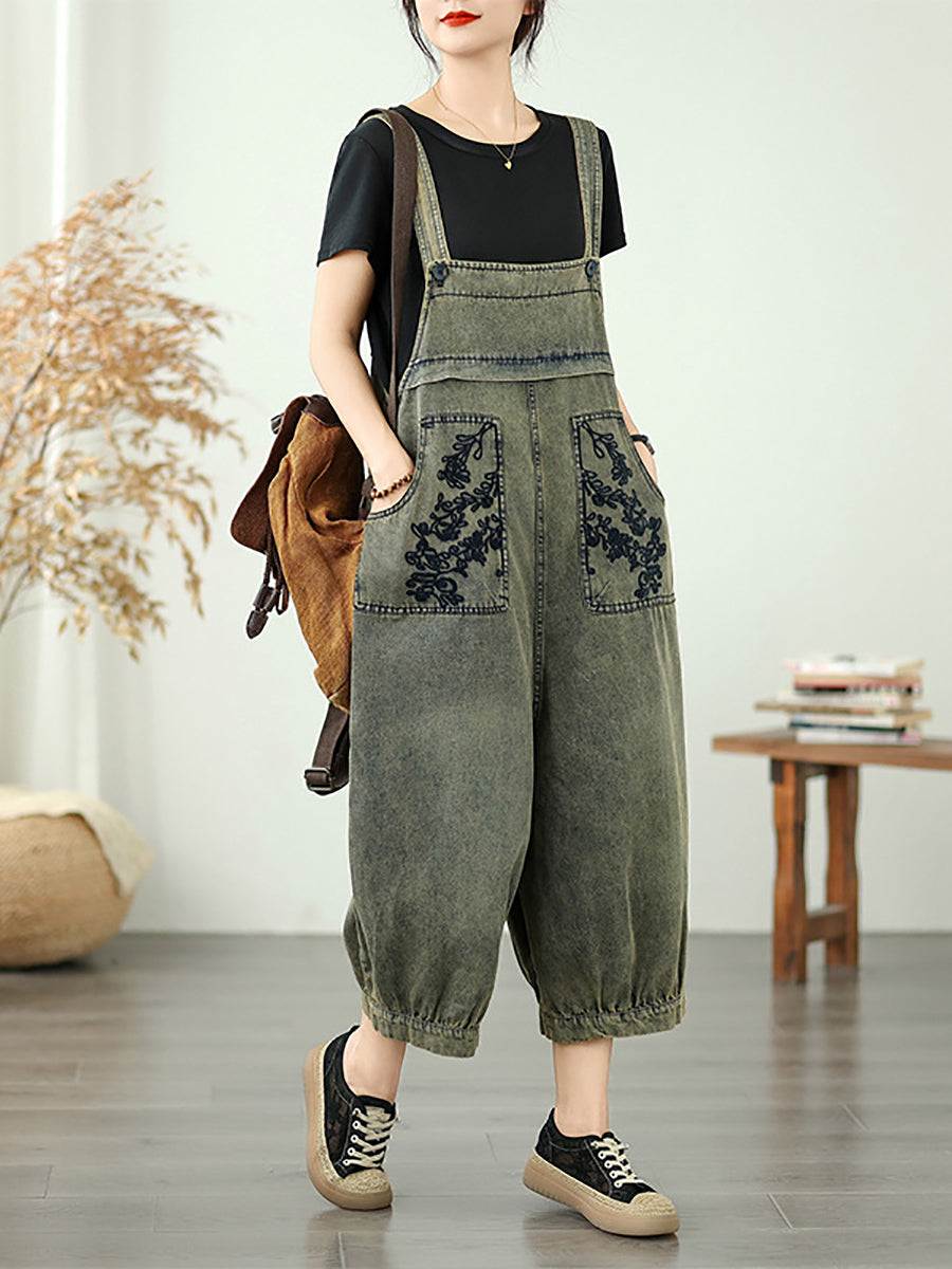 Long Jumpsuits Women Flower Embroidery Denim Summer