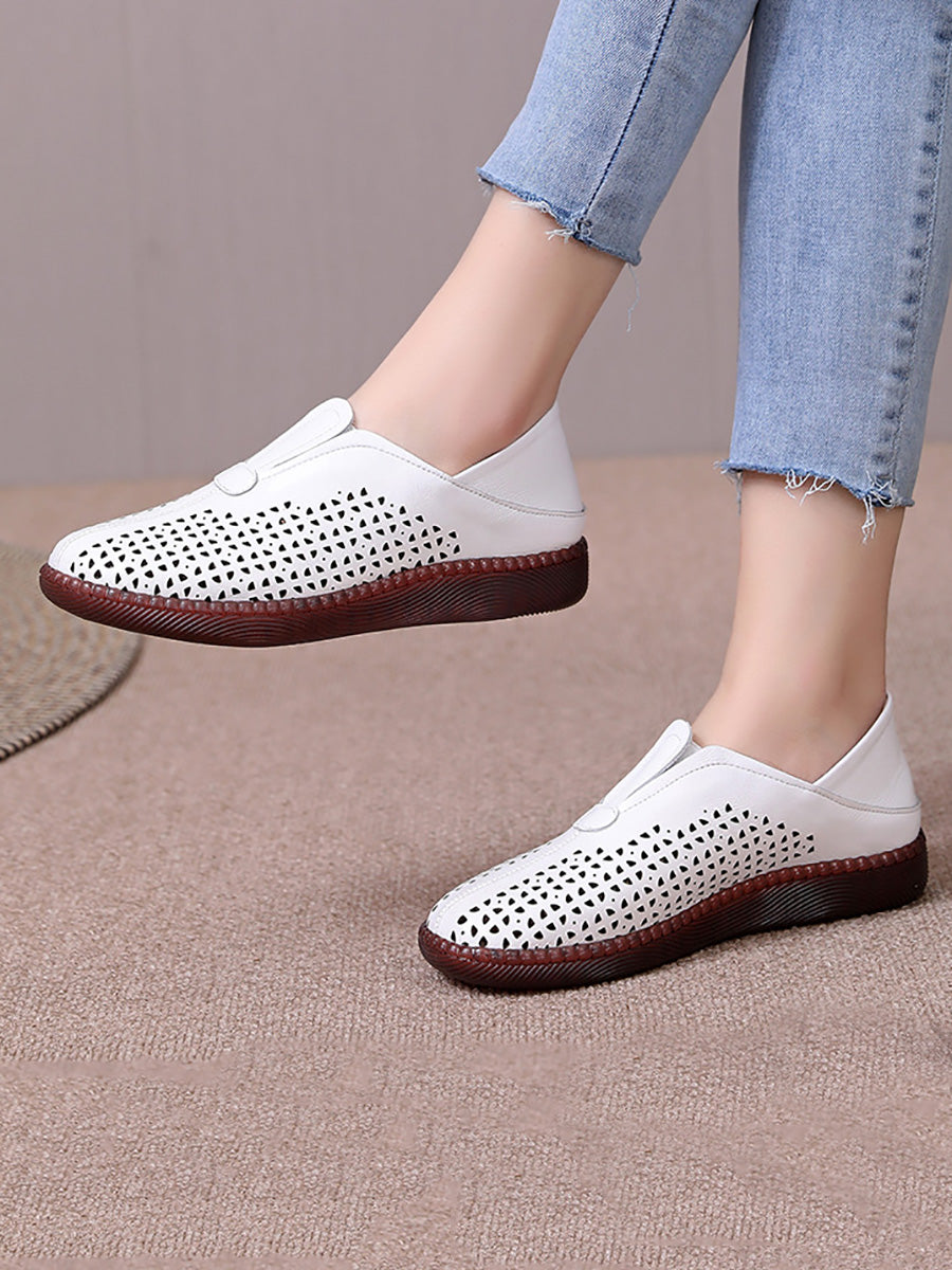 Women Summer Solid Casual Leather Cutout Flat Shoes HH048