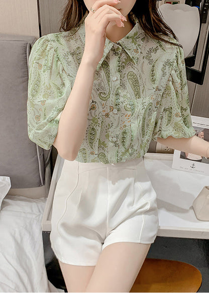 Pan Elegant Chiffon Shirt Peter Top Print Lantern Green Collar