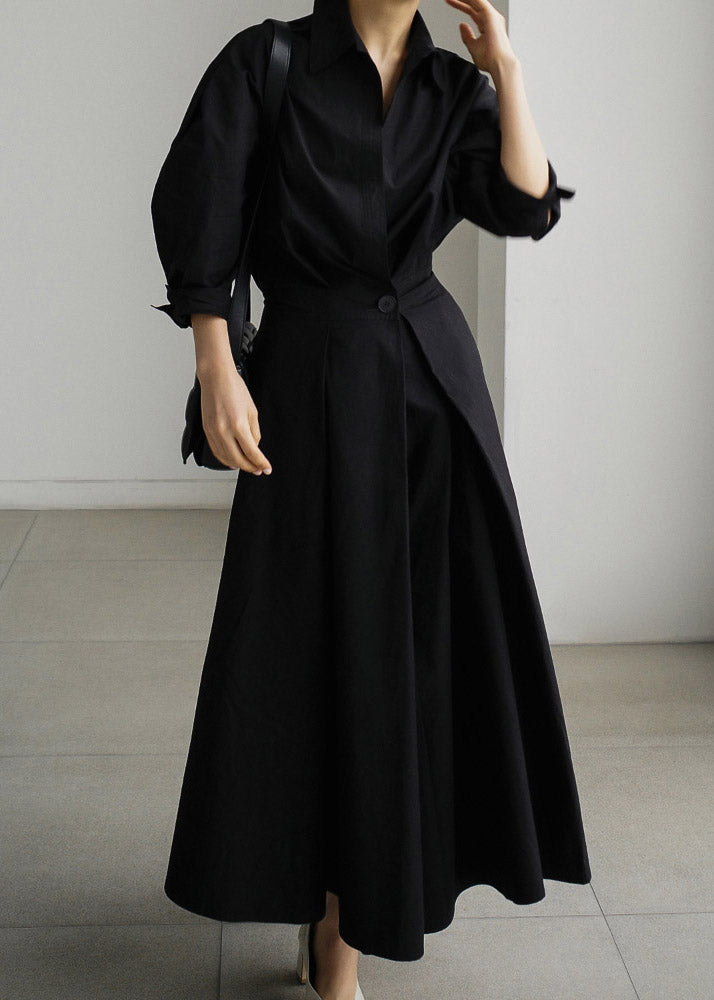 Cotton Black Dresses Long Sleeve Wrinkled Button