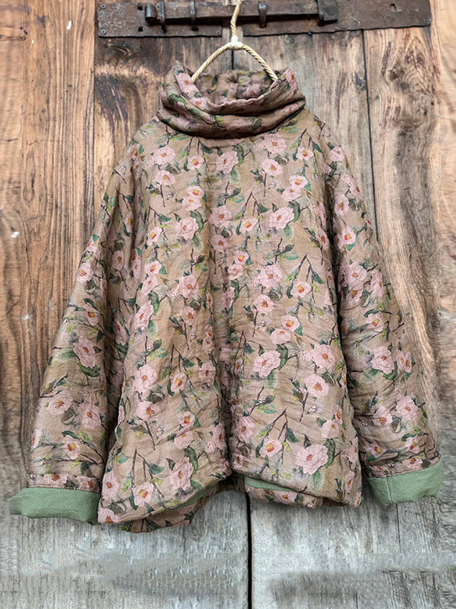 Women Vintage Autumn Floral Turtleneck Ramie Padded Coat QM029