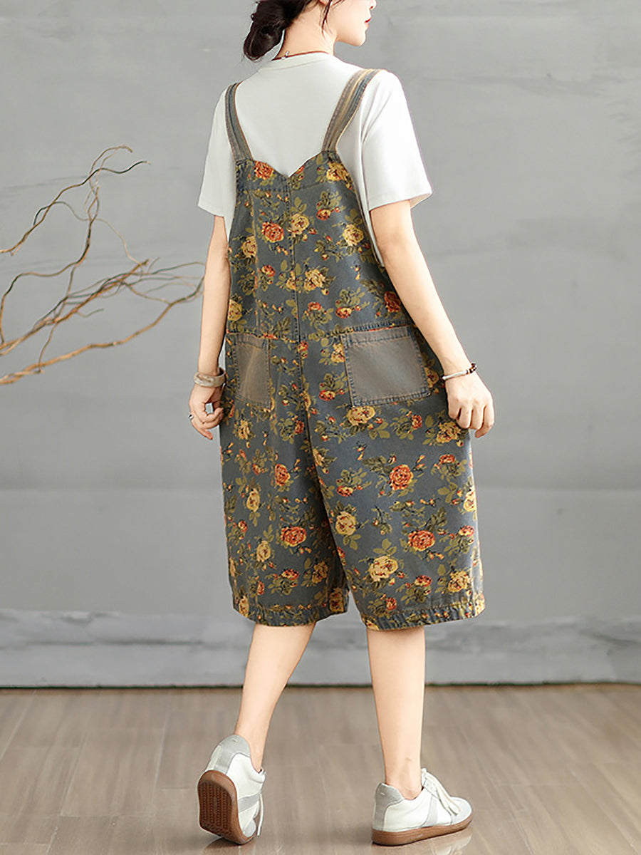 Denim Jumpsuits Short Artsy Women Flower Summer