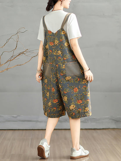 Denim Jumpsuits Short Artsy Women Flower Summer