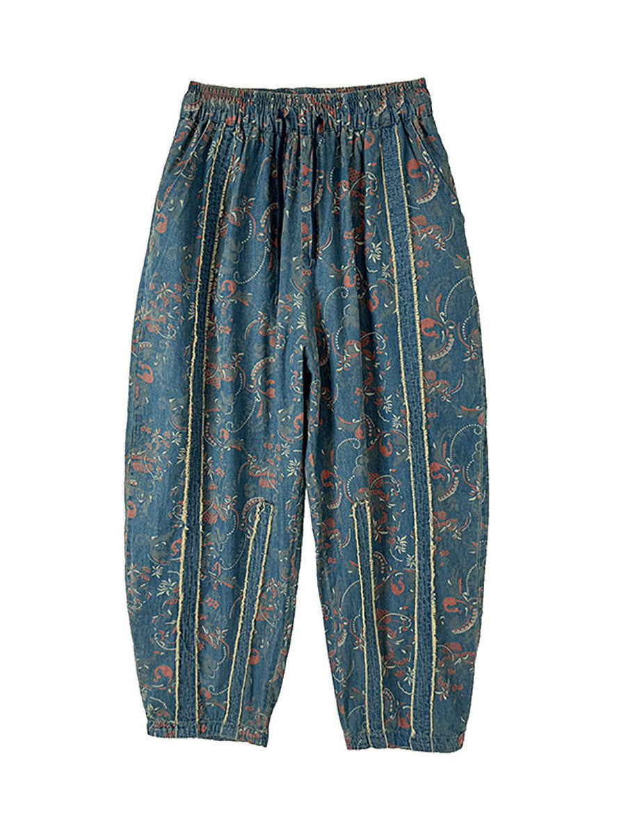 Denim Patchwork Pants Harem Women Retro Flower