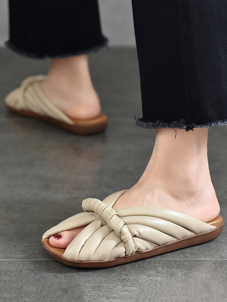 Women Summer Solid Leahter Weave Flat Slippers BN1013
