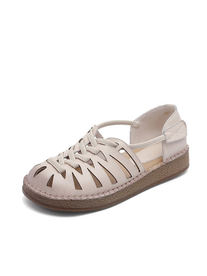 Leather Sandals Heel Low Women Weave Summer