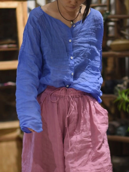 Shirt O-Neck Autumn Women Button Floral Vintage Ramie