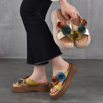 Women Summer Platform Spliced Flower Leather Slippers