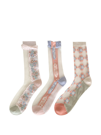 3 Pairs Women Artsy Flower Jacquard Long Socks FD029