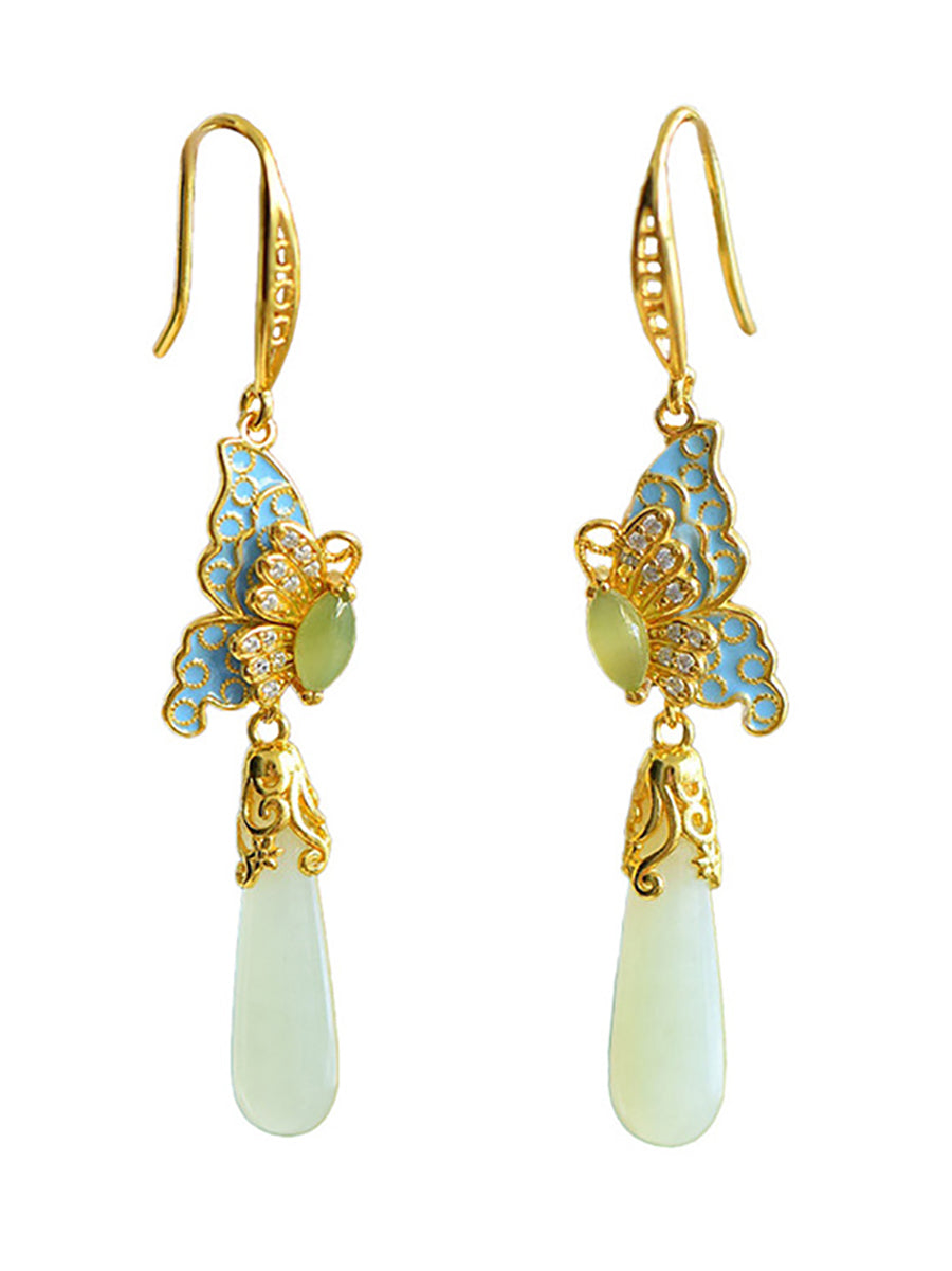 Butterfly Ethnic Enamel Earrings Women Jade S925Silver