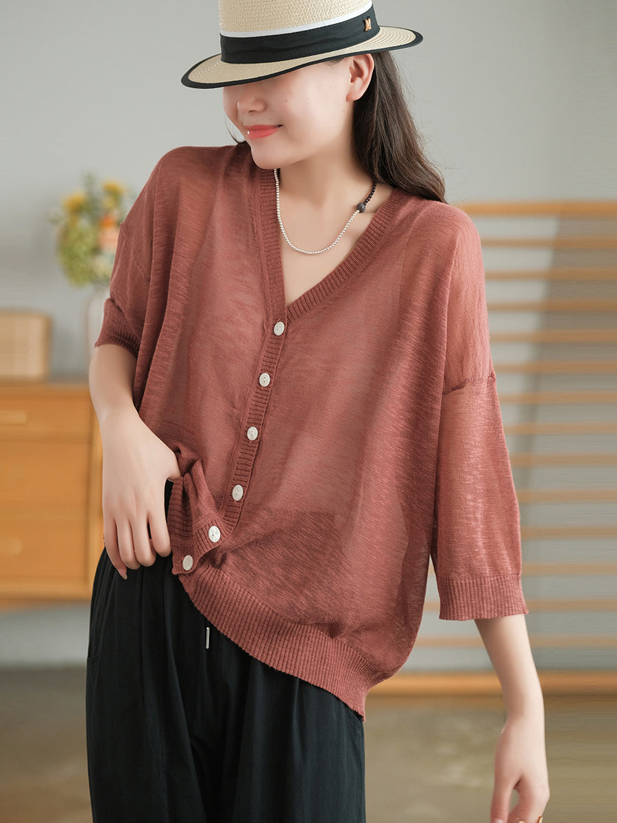 Plus Size Women Summer V-Neck Casual Loose Knit Shirt CC053