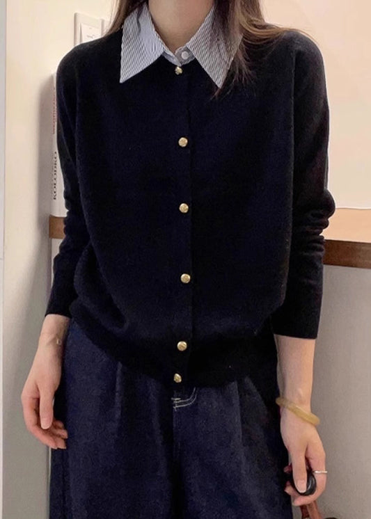 French Black Peter Pan Collar Button Patchwork Knit Top Fall QX002