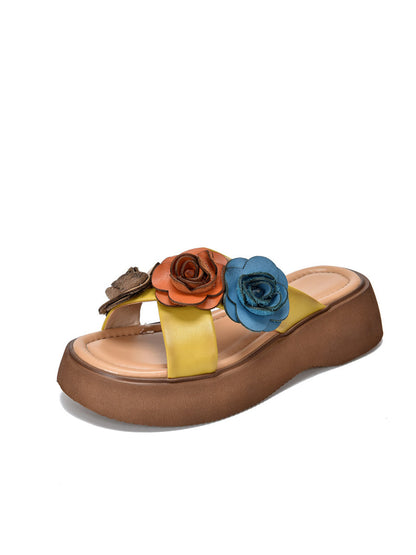 Women Summer Platform Spliced Flower Leather Slippers