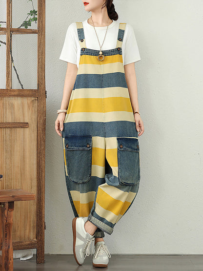Summer Colorblock Women Loose Denim Stripe Jumpsuits