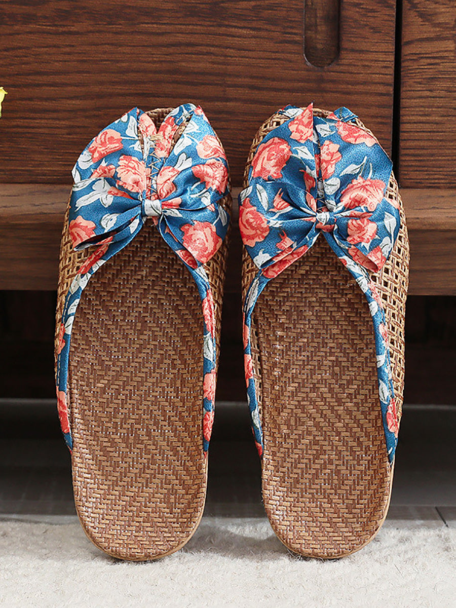 Bowknot Ethnic Weave Women Indoor Slippers Straw Flower
