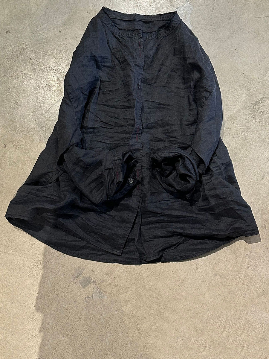 Solid Loose Women Blouse Vintage Collar Stand Ramie