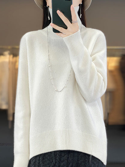 Women Autumn Casual Turtleneck Solid 100%Wool Sweater QU012