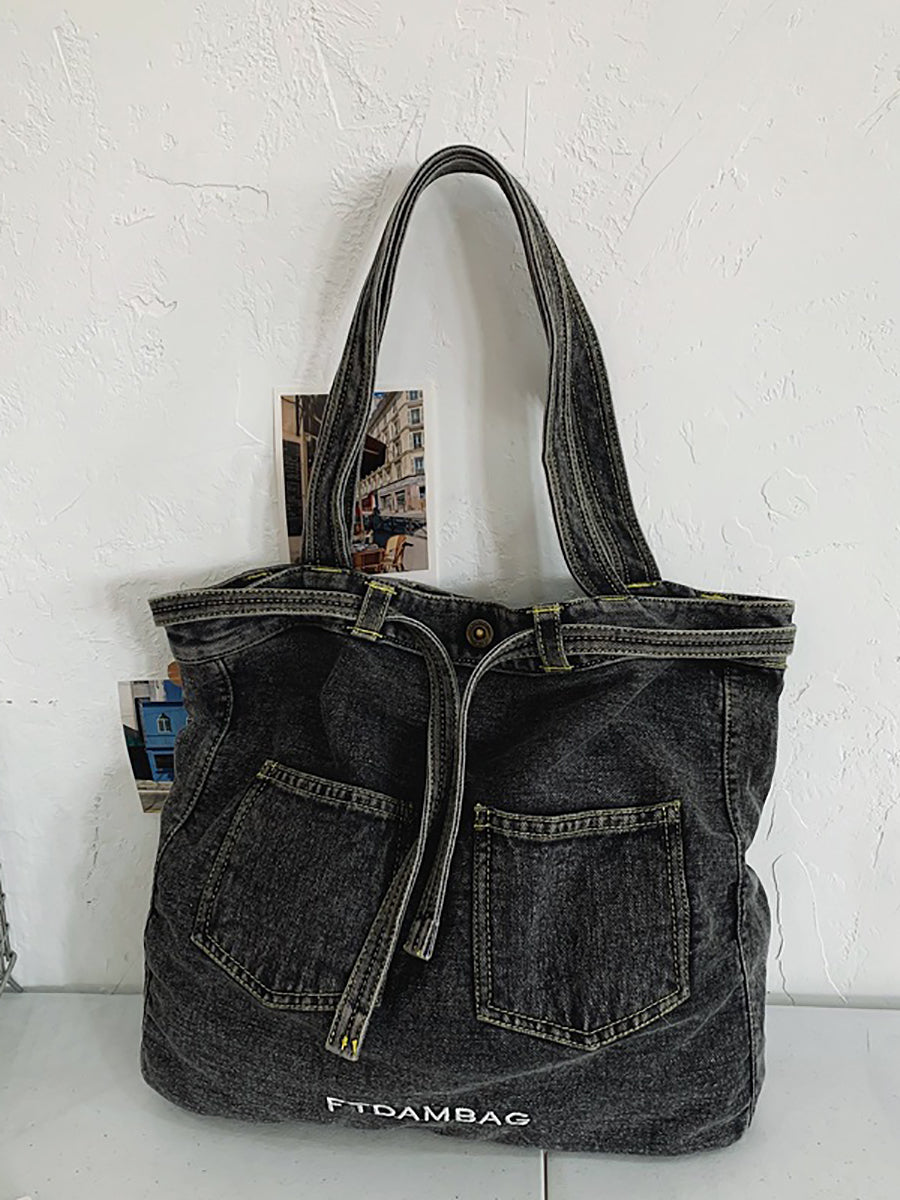 Women Vintage Solid Pocket Denim Handbag Shoulder Bag BN1033