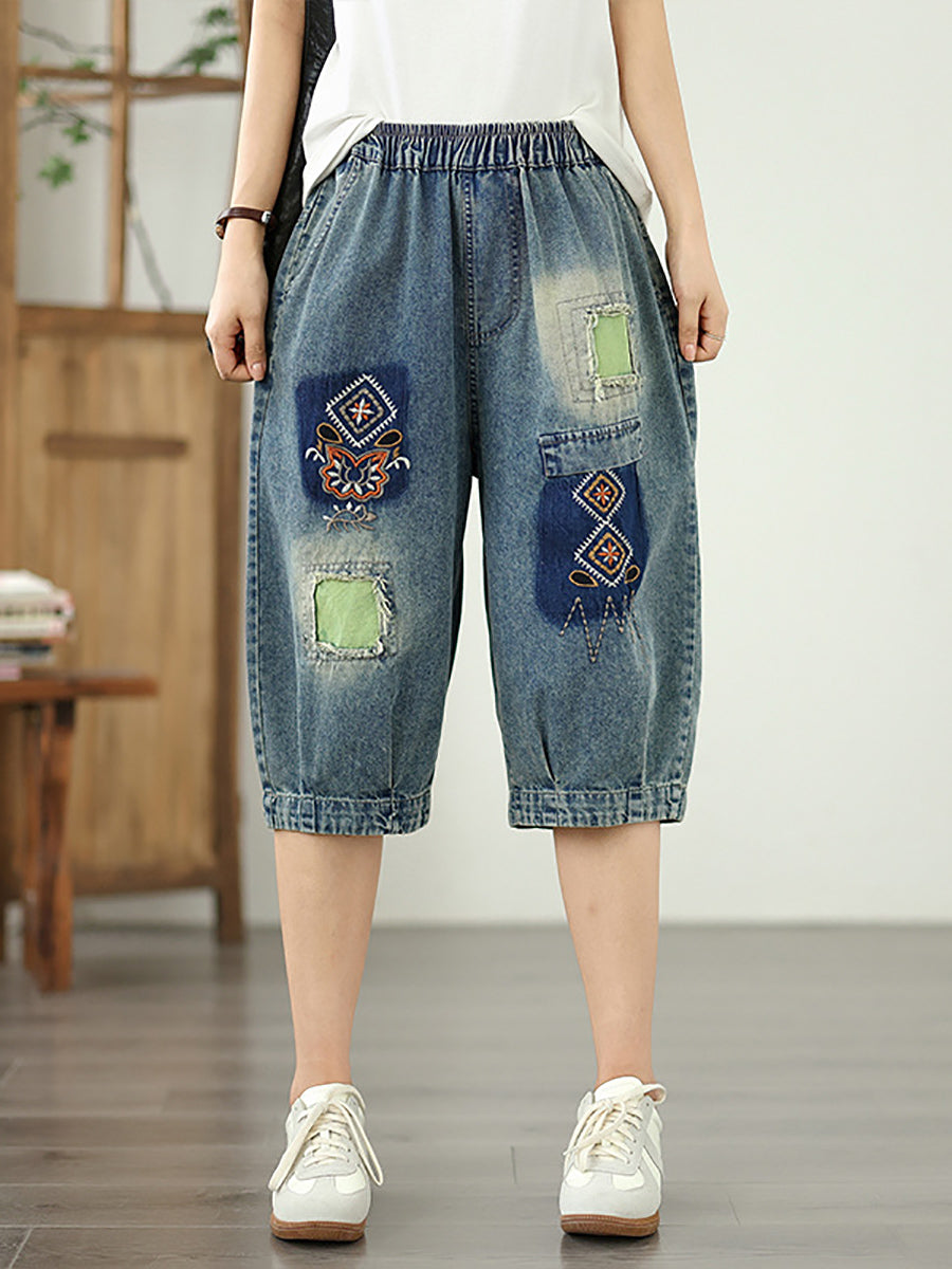 Denim Flower Retro Embroidery Fifth Women Pants Patchwork