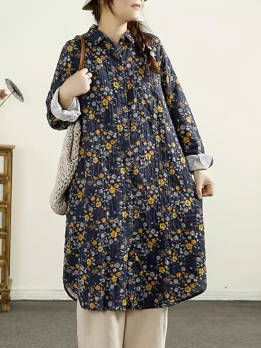 Women Vintage Autumn Flower Button-up Thin Cotton Coat AK1014