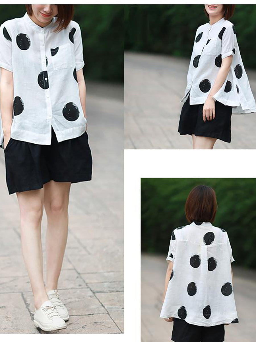 Dot Collar Stand Linen Polka Plus Cotton Size Shirt
