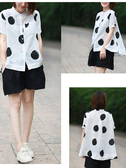 Dot Collar Stand Linen Polka Plus Cotton Size Shirt