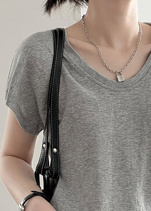 O Grey Sleeve Cotton Top Neck Solid Short Shirt T