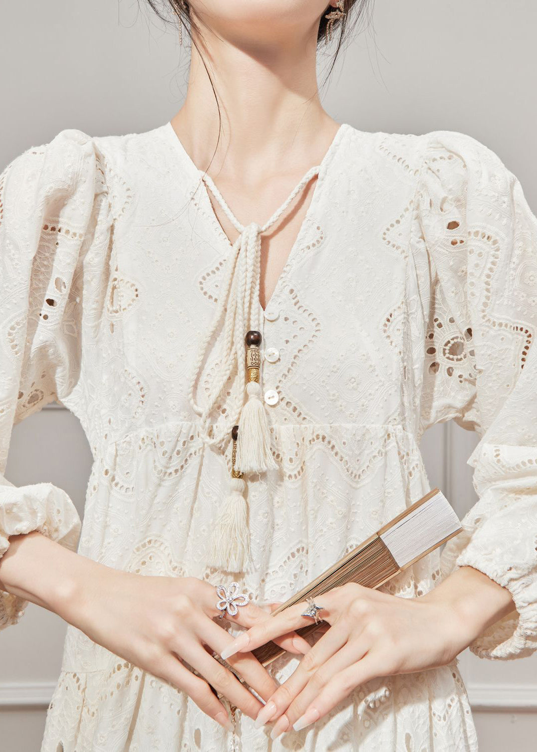 Beige V Out Hollow Lantern Cotton Neck Style Dresses French