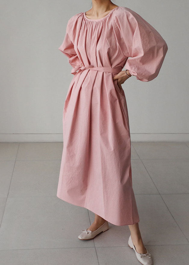 Dress wrinkled O-Neck Pink Maxi Quarter Three Cotton sleeve