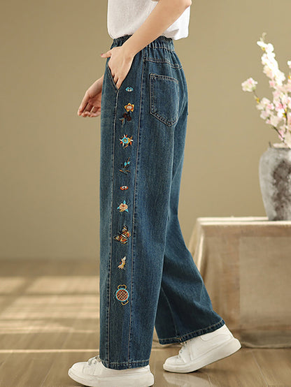 Pants Embroidery Women Wide-leg Retro Denim