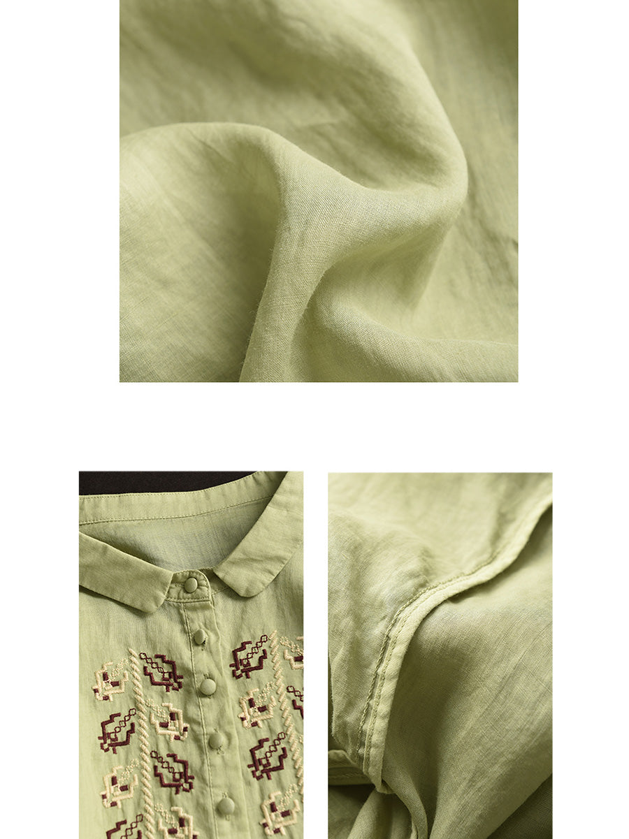 Women Summer Vintage Embroidery Turn-down Collar Ramie Shirt FD017