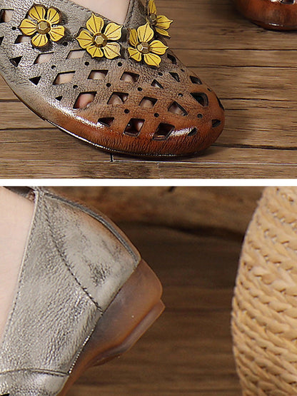 Heel Flower Hollow Low Shoes Leather Women Out Ethnic
