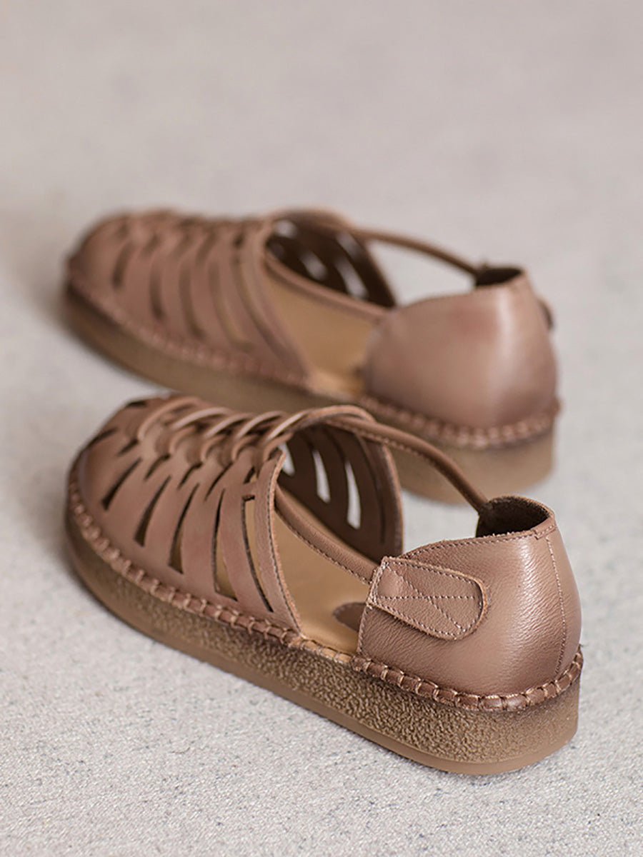 Leather Sandals Heel Low Women Weave Summer